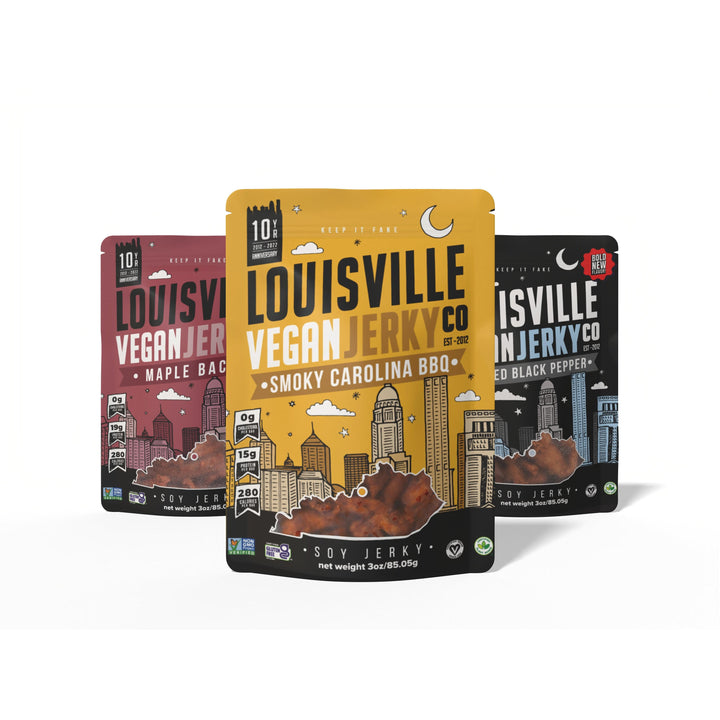 3 Bag Variety Pack | Best-Selling Flavors | Includes Maple Bacon, Smoked Black Pepper, & Smoky Carolina BBQ | Gluten-Free, Non-GMO, Plant-Based Jerky